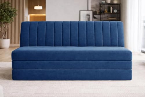 Image of 3-Seater Foldable Floor Sofa Bed with Adjustable Backrest Modern Velvet Fabric Folding Couch for Living Room, Guest Room & Small Spaces - Blue Color