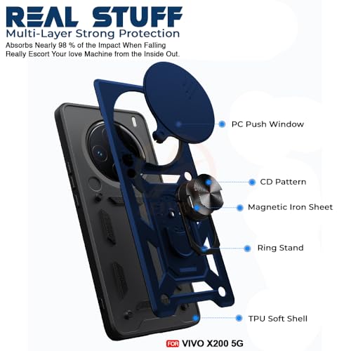 Image of Armor Bumper Back Cover Case for vivo x200 5g Rotating Camera Cover, Ring Holder & Kickstand | Heavy Duty & 360 Degree Protection vivo x200 5g Back Cover (Blue)