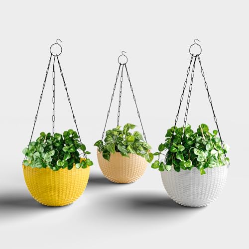 Image of YUCCABE ITALIA SHERA URO-Basket Plastic Flower Pot with Drainage Holes Round Planter Pot Suitable for Inddor Outdoor Kitchen (Multicolor, 6 INCH - 3 Pcs)