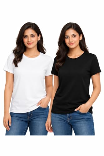 Image of Hangout Hub HH95 Tshirt for Womens | Regular Fit | Super Combed Cotton Women T-Shirt | Solid Plain Tees | Round Neck T Shirt | Half | Pack of 2 | 3 | 4 | 5 | 6