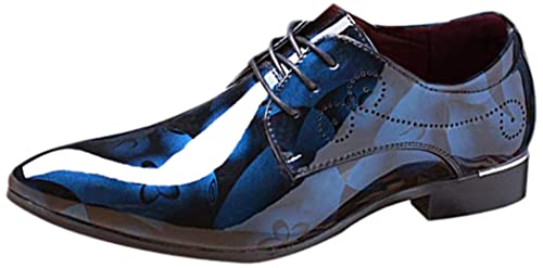 Men Fashion Shoes Dress Pointed Toe Floral Patent Leather Lace Up Oxford Black Brown Red Grey