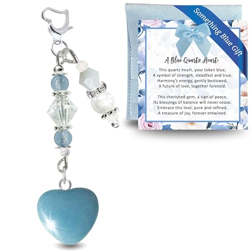 Something Blue Aventurine Quartz Heart Bride Gift For Wedding Day, Semi-Precious Stone Handmade Bouquet Charm | Bonus Jewelry Travel Pouch Set, Bridal Shower Idea From Mom Dad Sister | Gutsy Goodness