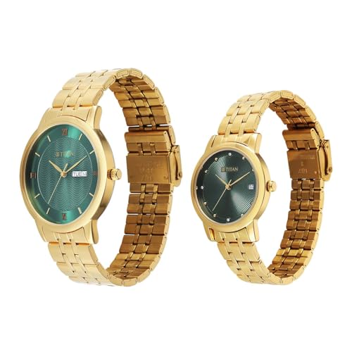 Image of Titan Bandhan Eternal Pair Analog with Date and Green Dial Yellow Gold Stainless Steel Strap Watch for Couples - 19672967YM01
