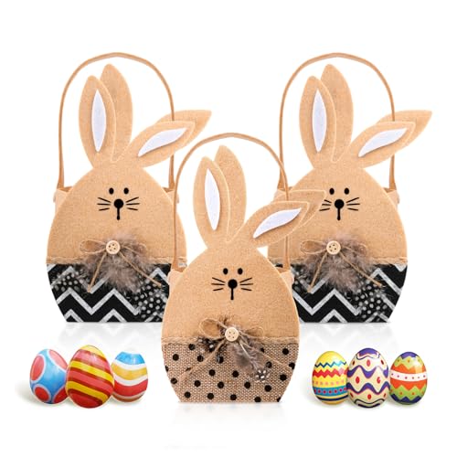 3 Stück Osterkörbchen Filz mit Bemalbare Weiße Eier und Aquarellstifte Osterkörbe für Kinder mit Henkel Hase Easter Basket für Eiersuche & Dekoration (Khaki)