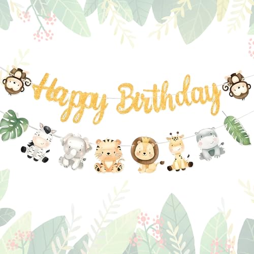 WOUYTPE Striscione Buon Compleanno, Buon Compleanno Decorazioni, Animali Della Giungla Festoni, Adatto per Decorare la Festa di Compleanno dei Bambini, Tema Animali Della Giungla