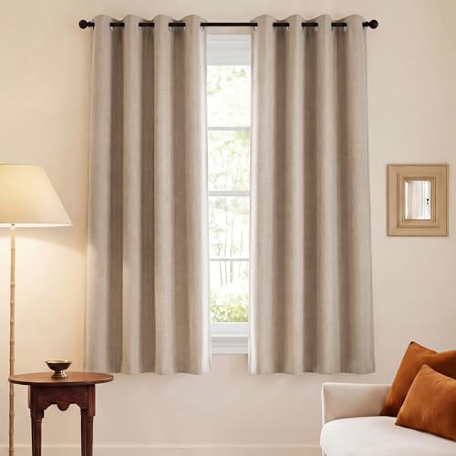 NICETOWN Natural Full Blackout 63" Long Curtains for Kitchen, 52" W Grommet Farmhouse Drapes Insulated Flax Textured Full Light Blocking Window Draper