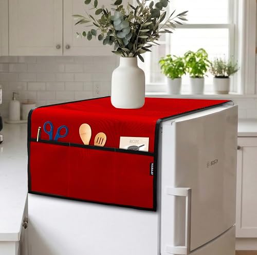 Image of NABAAT Premium Fridge Cover for Single Door Refrigerator Kitchen Decor Durable Dustproof Waterproof Modern Design with 6 Side Pockets for Kitchen Accessories - 130 x 54cm (Red)