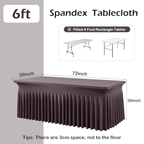 Image of NSSONBEN 2 pk Brown Spandex Tablecloth for 6 Foot Rectangle Tables,Wrinkle Free Fitted Spandex Table Covers 6ft Coffe Stretch Table Cloths with Ruffle Skirt for Parties Weddings Banquet Baby Shower