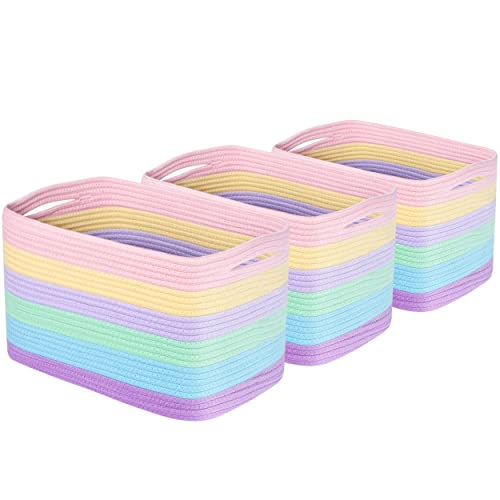 Mintwood Design 3-Pack Storage Baskets For Shelves, Playroom And Classroom Storage Basket, Book Basket, Decorative Storage Cube Bins, Woven Closet Organizers, Nursery Baskets, Pastel Rainbow #TOP7