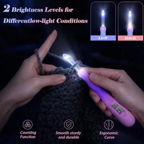 Image of Yarniss 22 Size Lighted Counting Crochet Hooks 22pk 2.0-14mm,Crochet Gift | Rechargeable Light Up Crochet Hook with Stitch Counter & Case