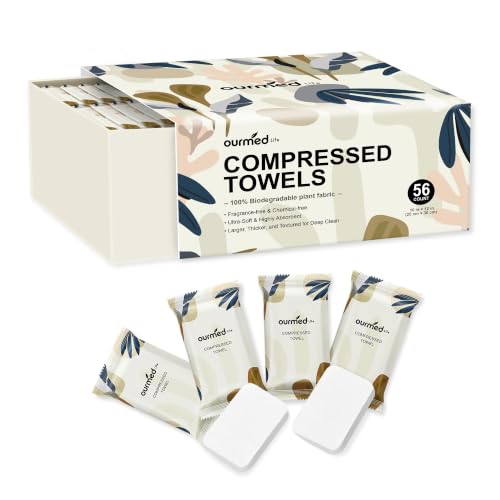 Ourmed Life Mini Compressed Towel Tablets Disposable Washcloths Individually Wrapped Mini Tablets Expands with Water Soft & Lint-Free 12 x 10 Inch Travel Size (56 Count)
