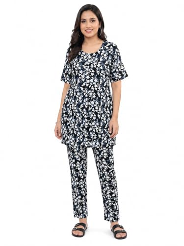 Image of KIAWAH Women Printed Night Suit Set, Cotton Blend Night Suit, A-Line Top and Pajama Set, Soft and Breathable Night Wear