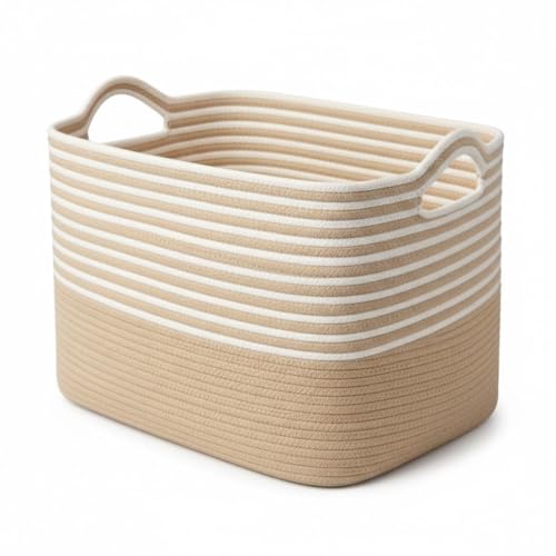 Image of Large Storage Basket, Woven Blanket Basket, Toy Basket with Handle, Laundry Hamper for Living Room, Nursery, Bedroom- 20x15x12 (LXWXH) (beige mix)