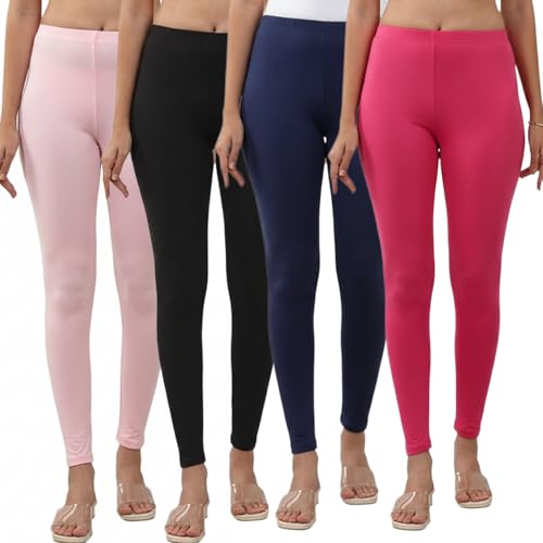 Image of Volex Women and Girls Full Length Leggings | Cotton Spandex /Elastane 4 Way Stretchable | Casual Slim fit Ultra Soft Leggings-Pack of 4