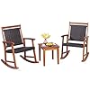 HAPPYGRILL 3 Pieces Rocking Bistro Set Acacia Wood Patio Rocking Chairs with Coffee Table Rattan Wicker Rocking Conversation Set for Garden Porch Backyard