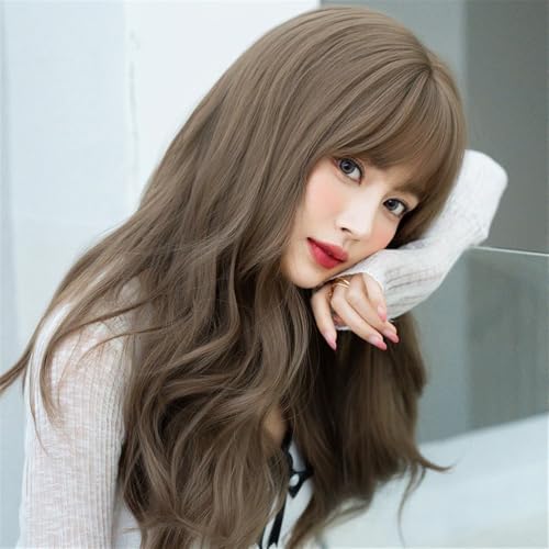 Peruki do włosów Light Brown Wig Heat Resistant Synthetic Body Wave for Women High Density Fashion Wavy Wigs with Neat Bangs