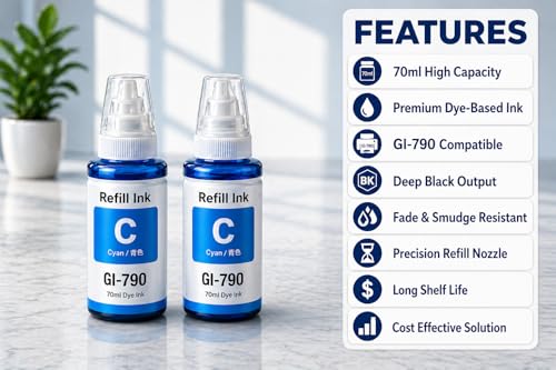 Image of ROHINK GI-790 Series Refill Ink, Compatible with G1000, G1010, G1100, G2000, G2100, G3000, G3010, G3012, G3100, G4000, G4010 Printers (Canon 790 Cyan Pack 2)