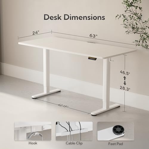 Claiks Electric Standing Desk, Adjustable Height Stand up Desk, 63x24 Inches Sit Stand Home Office Desk with Splice Board, White Frame/White Top