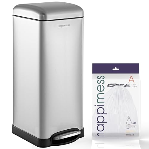 Image of happimess Betty 8 Gal Step Trash Can Soft-Close Lid, Platinum Silver | Fingerprint Resistant, Removable Liner, Semi-Rectangular, Steel Pedal, Iron Powder Coated, 27 inch Height, Non-Skid Base