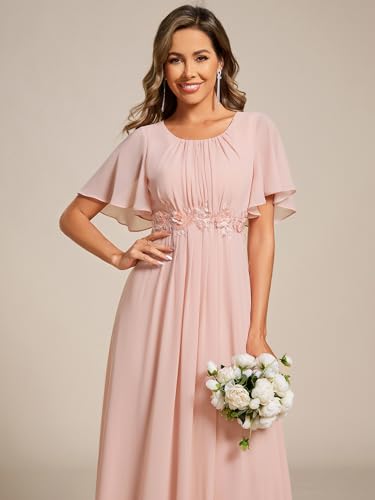 Image of Ever-Pretty Women's Classic Round Neck Pleated Short Sleeves Chiffon Appliques Floor Length A Line Formal Evening Dresses