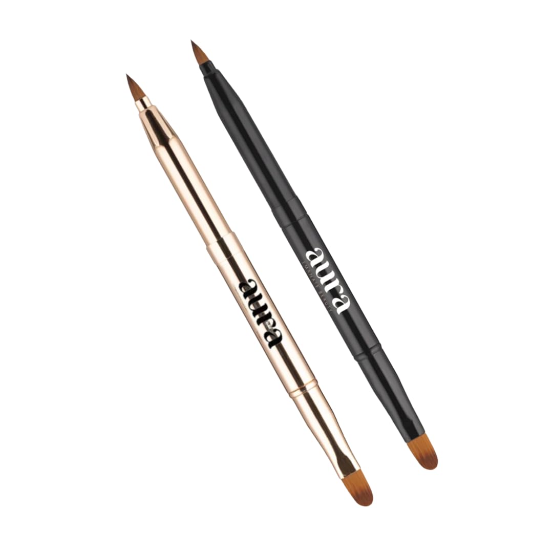 Aura Retractable Brush for application on lips or eyes. Liner Brush, Lip Gloss, Eyeshadow Concealer Brush. 2 Pieces Double-ended Lip Applicator with