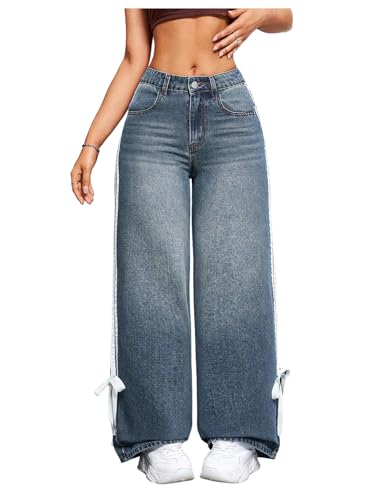 WDIRARA Women's Bow Side Striped Baggy Jeans Y2k Wide Leg Mid Rise Denim Pants with Pockets