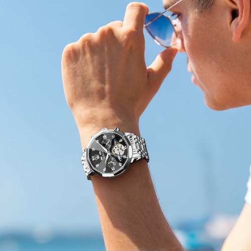 Image of OLEVS Men Automatic Watch Diamond Skeleton Mechanical Luxury Self Winding Moon Phase Calendar Waterproof Wrist Watch for Men