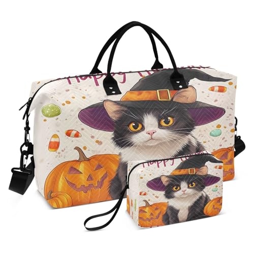 Halloween Travel Gym Bag, Halloween Pumpkin Cat C Weekender Overnight Duffle for Women with Toiletry Bag Travel Swim