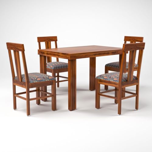 Image of VK Furniture Solid Sheesham Wood 4 Seater Dining Table with Printed Cushion Chairs for Home | Four Seater Dining Table with 4 Chairs | Dining Table Set | Brown Finish