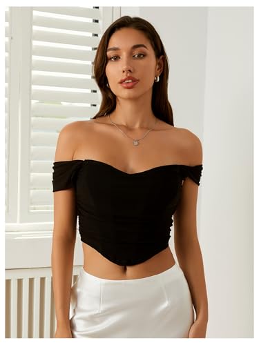 Floerns Women's Off Shoulder Short Sleeve Asymmetrical Hem Ruched Corset Crop Top4