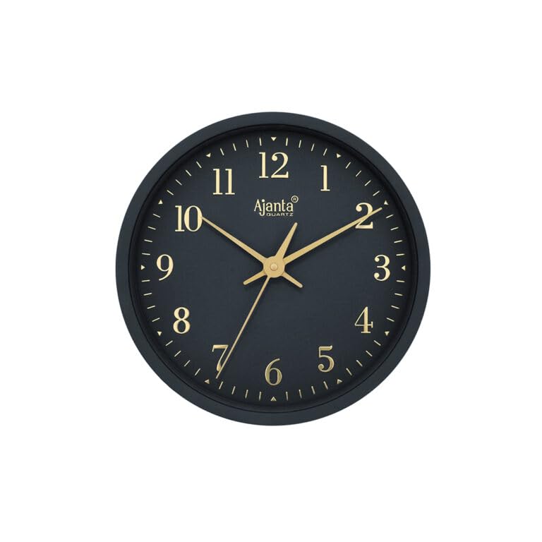 Image of Ajanta Wall Clock 24.5 cm Black Gold Designer Silent Sweep Clock