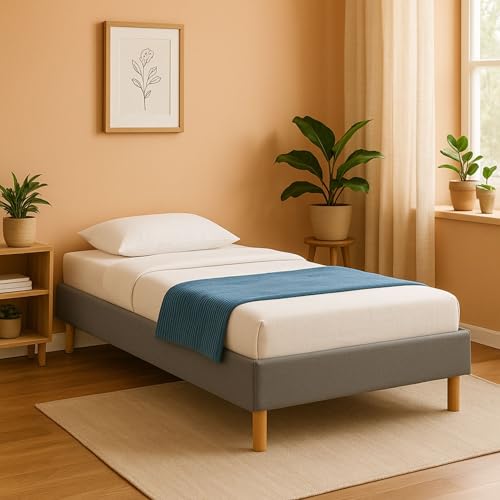 King of Dreams Sommier Tapissier 70x190 - Gris + Pieds en 18 cm - revetement Tissu Polyester Facile d'entretien