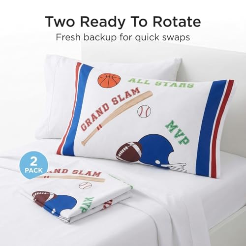 Image of Everyday Kids 2-Pack Standard Size Pillowcases fit Pillows 20 x 26 inch -100% Soft Breathable Microfiber - Perfect for Toddler Little Boy Twin /Full Size Bed - Sports