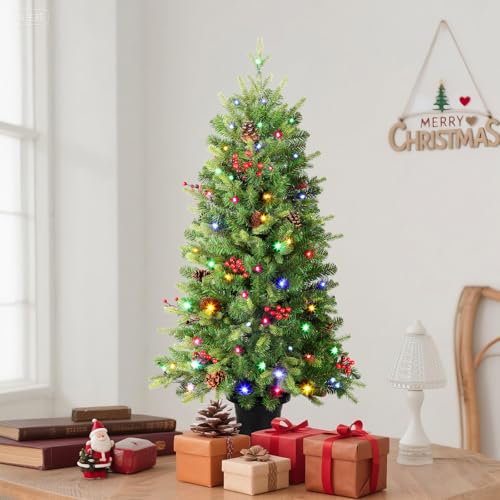 Alupssuc 4FT Artificial Pre-Lit Mini Porch Christmas Tree with 120 Built-In Multi Color Led Lights,12 Lighting Modes,Nature Looking With Pine Cones & Berries - Image 6
