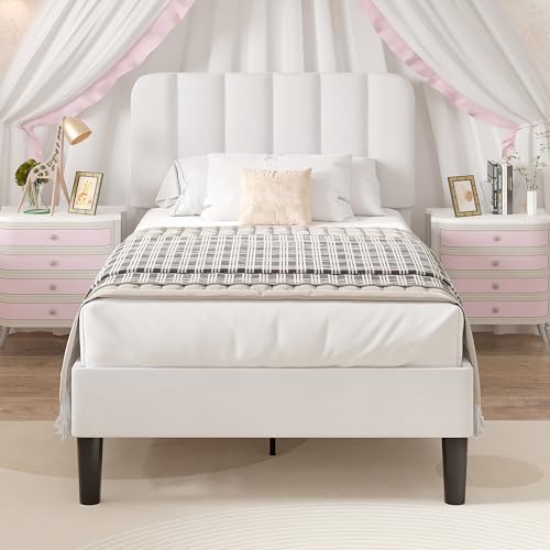 Image of VECELO Twin Size Bed Frame with Upholstered Headboard, Velvet Platform Bedframe Mattress Foundation, Strong Wood Slat Support, No Box Spring Needed,White
