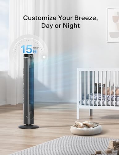 Image of Pelonis 42-Inch Tower Fan for bedroom, Standing Fan with 90 Oscillation, 28ft /s, 5 Speeds & 4 Modes, Eco Mode, 12H Timer, 23dB Quiet, Remote Control, Easy Assembly, LED Display