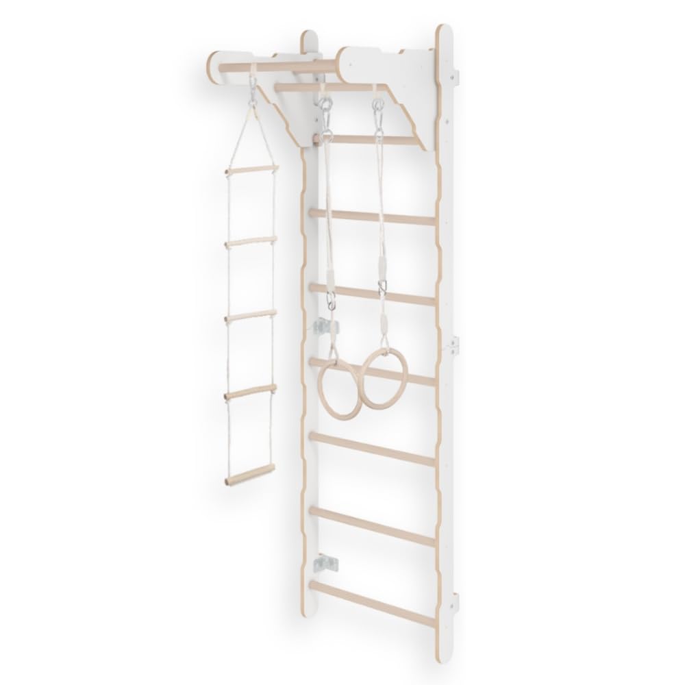 MAMOI® Gymnastik-Sprossenwand 210 cm | Wandmontierte Trainingsleiter aus Holz | Turnringe und Strickleiter | Indoor-Kletterwand für Zuhause | Stabil und sicher | Europäische Produktion