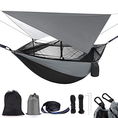 Camping Hammock 2 Person Hammocks With Net, Tent, Tree Straps Heavy Duty Waterproof Lightweight Nylon Portable Hammock For Hiking Outdoor Travel Beach Survival Backyard (Black&Grey) #TOP17