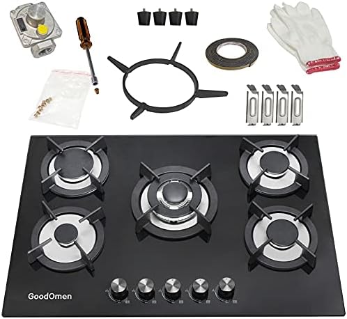 Gas Cooktop 30 inches 5 Burners in Tempered Glass, Built In Gas Stove Gas Hob Stovetop with Cast Iron Grates, LPG/NG Convertible and Easy to Clean