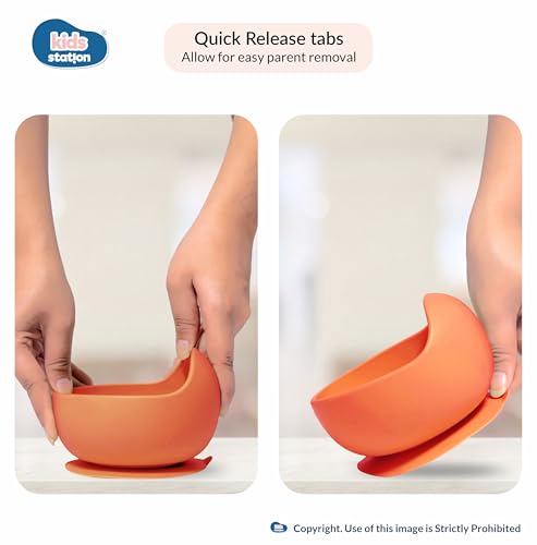 Image of Kids Station Solid Easy to Carry Silicone Baby Feeding Set - Bowl - Spoon - Make Mealtime Fun And Easy - Tableware Meal Utensils For Kids With Suction - Baby Feeding Product (Set of 3, Orange)