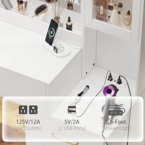 Image of Makeup Vanity Desk with Mirror and Lights, Makeup Vanity Table with Lighted Mirror, Nightstand Dressing Table with Mirror and Lights, 51 inch Big Vanity with 6 Drawers & Lots Storage Space for All Girls