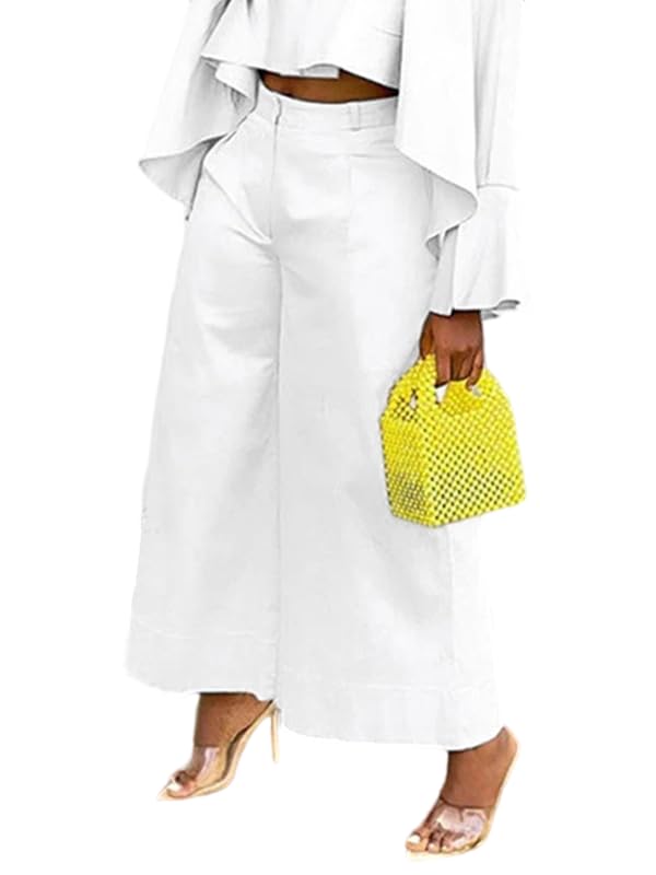 UOOZEE Women's Elastic High Waist Wide Leg Pants Cotton Loose Fit Boho Trousers with Pockets Office Work Lounge Palazzo Pants