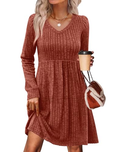 Sampeel Fall Dresses for Women 2026 Long Sleeve V Neck Casual Sweater Dress Fashion Must Have Halloween Clothes Caramel M - image 2