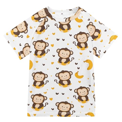 ALAZA Kids Rash Guard Girls Boys Toddler Swim Shirts Short Sleeve Monkey Banana Lovely UPF 50+ 3T