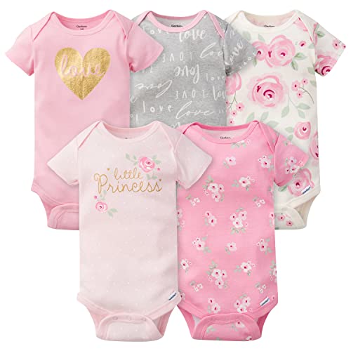 Image of Gerber baby-girls 5-pack Short Sleeve Variety Onesies Bodysuits