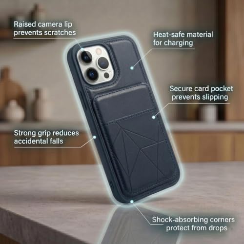 Image of amazon basics Premium Vegan Leather Back Cover with Card Holder and Integrated Mobile Stand for iPhone 12 Pro Max - Slim Shockproof Wallet Case with Geometric Stitching [Blue]