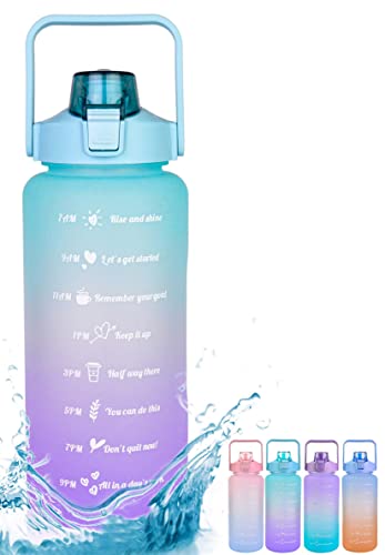 Image of 2 Liters Sports Water Bottles,Portable Wide Mouth Bottle Leakproof Plastic Space Cup Travel Mugs with Straw for Outdoor Sports (Gradient Blue)