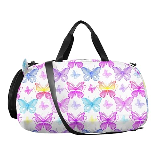 Purple Butterflies White Kids Travel Duffel Bag for Boys Girls Overnight Weekend Tote Bag with Shoes Compartment for Beach Swim Trip2