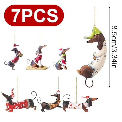 7 Stück Lustiger Dackel Weihnachtsbaumschmuck - 2D Acryl Deko Christbaumschmuck für Weihnachten