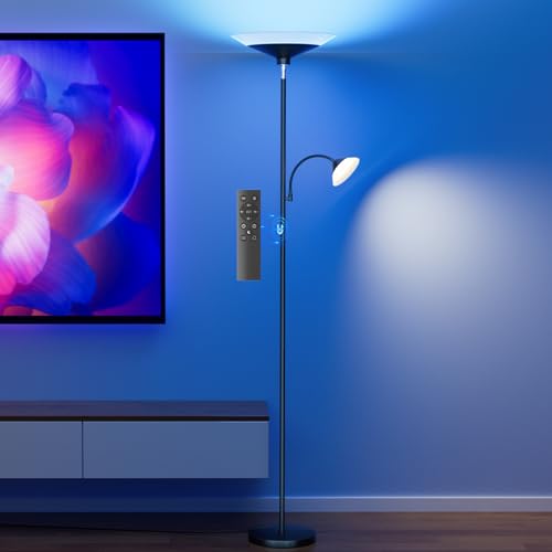 Image of SIBRILLE RGB Torchiere Floor Lamp - 2 Way Dimmable LED Standing Lamp with Remote&Button Control, 34W Rotatable Floor Reading Light, 72'' Tall Modern Corner Lamp for Living Room Bedroom Office, Black